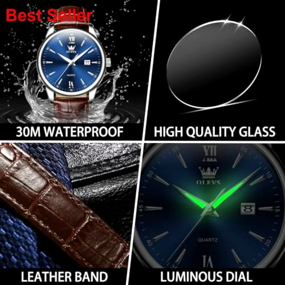 Stainless Steel Men's Watch with Leather Band, Waterproof, Date Display